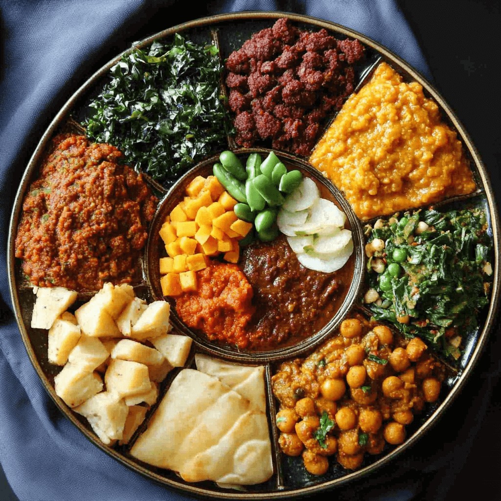 A vibrant Ethiopian vegetarian platter featuring Injera, Misir Wot, Kik Alicha, Tikil Gomen, and tomato-cucumber salad on a rustic wooden table.