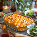 A bowl of creamy macaroni and cheese with a golden crispy breadcrumb topping.