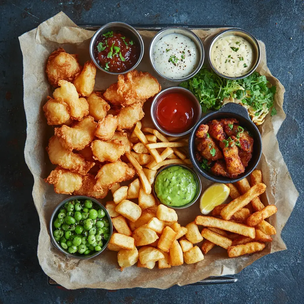 A serving of gluten-free fish and chips on a wooden board with a side of fresh salad.