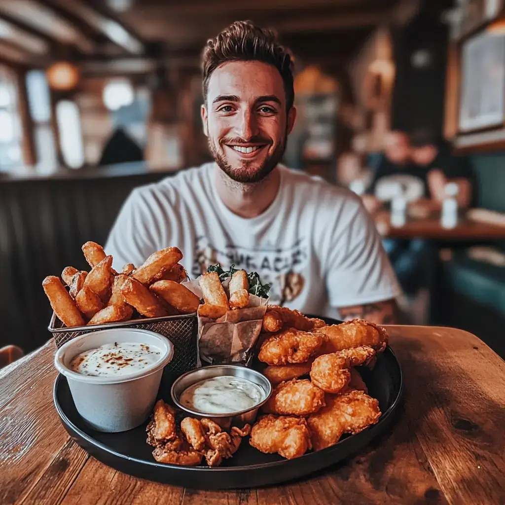 A plate of crispy battered fish served with golden chunky chips, tartar sauce, and a side of mushy peas.