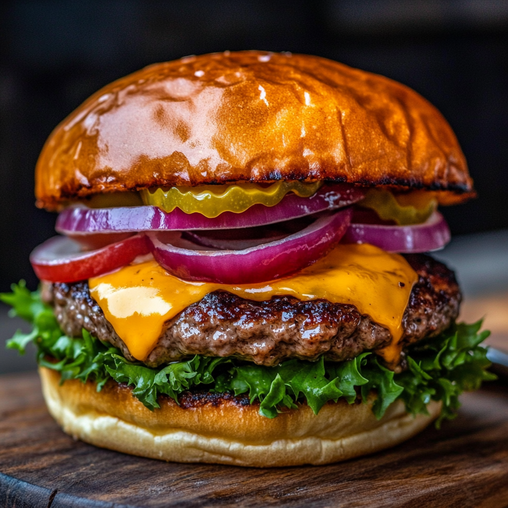 Gourmet cheeseburger with Swiss cheese, bacon, caramelized onions, and a brioche bun, served with pickles and dipping sauce.