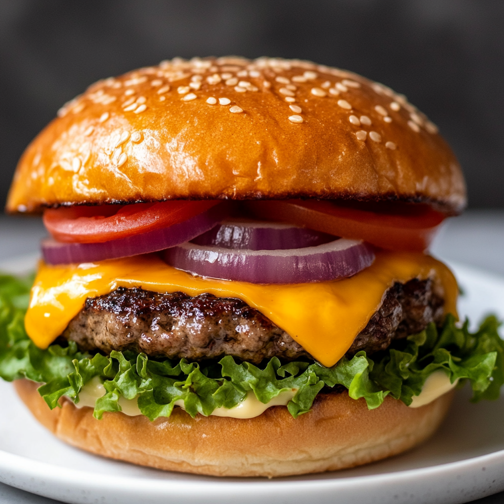 Artistic representation of a classic American cheeseburger with fresh vegetables and a perfectly seasoned beef patty, set on a marble countertop.