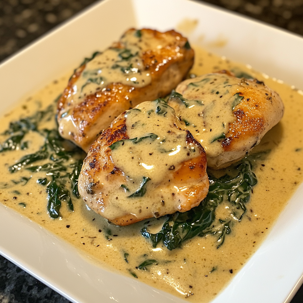 Creamy garlic butter chicken in a skillet with spinach and a rich sauce.