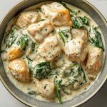 A skillet of creamy garlic butter chicken with fresh spinach, garnished with herbs.