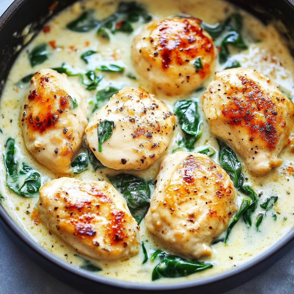 Fresh ingredients for creamy garlic butter chicken: chicken, spinach, cream, and garlic.