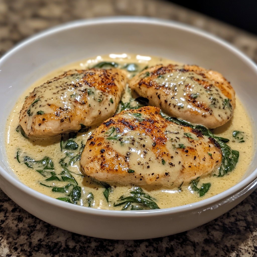 Seasoned chicken breasts cooking in a skillet with melted butter.