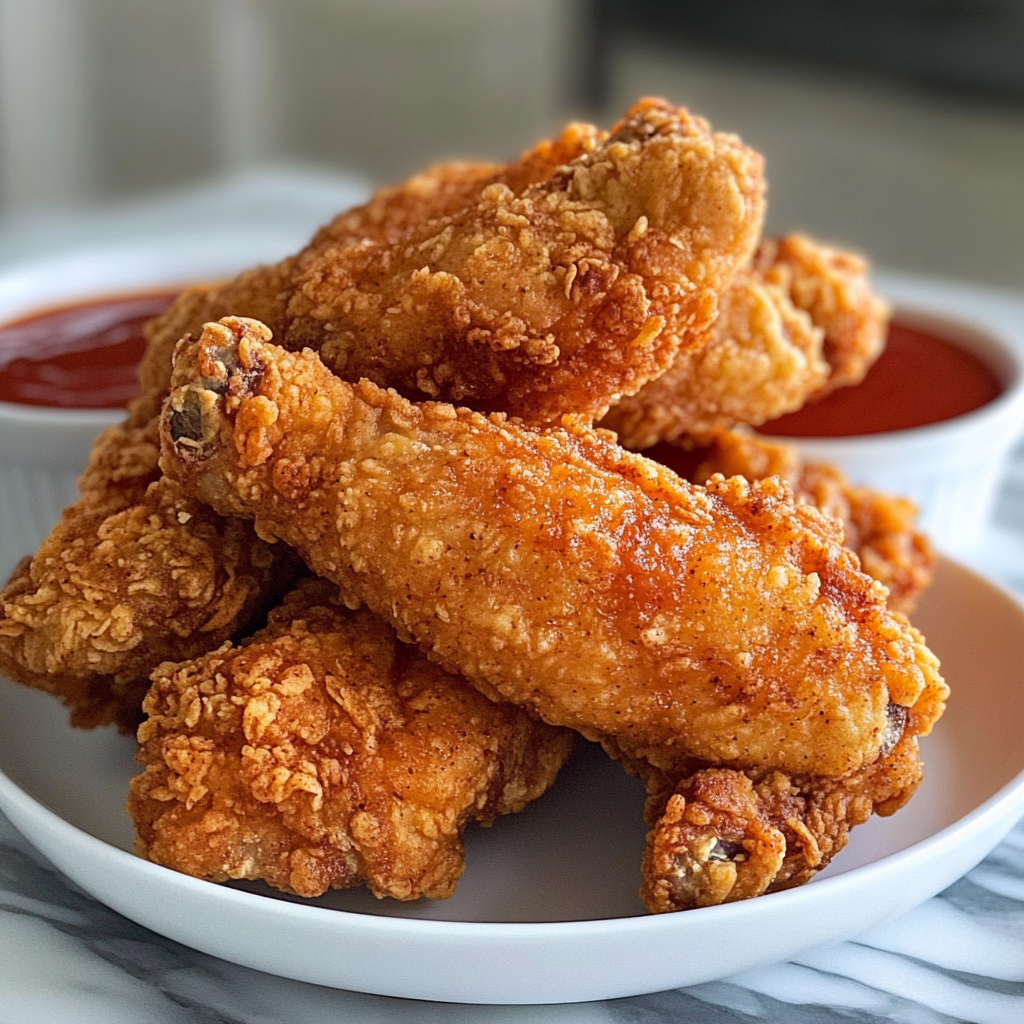 Air-fried crispy chicken pieces in an air fryer basket.