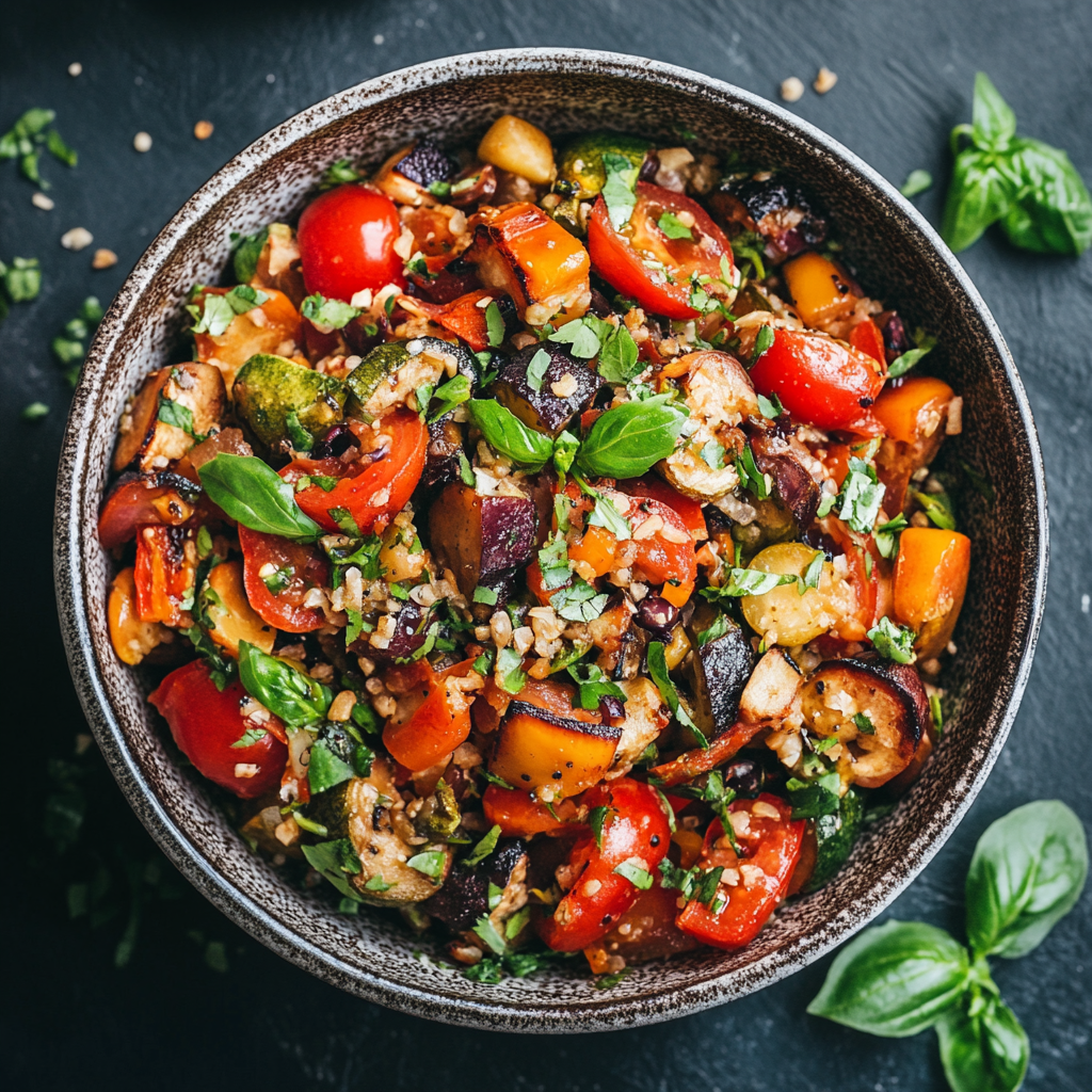 A balanced vegetarian meal with tofu, broccoli, and avocado.