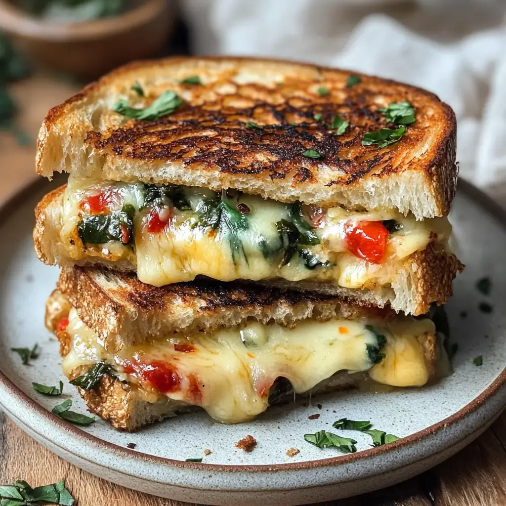 A close-up of a golden-brown grilled cheese sandwich with gooey melted cheese spilling out, served on a wooden plate.