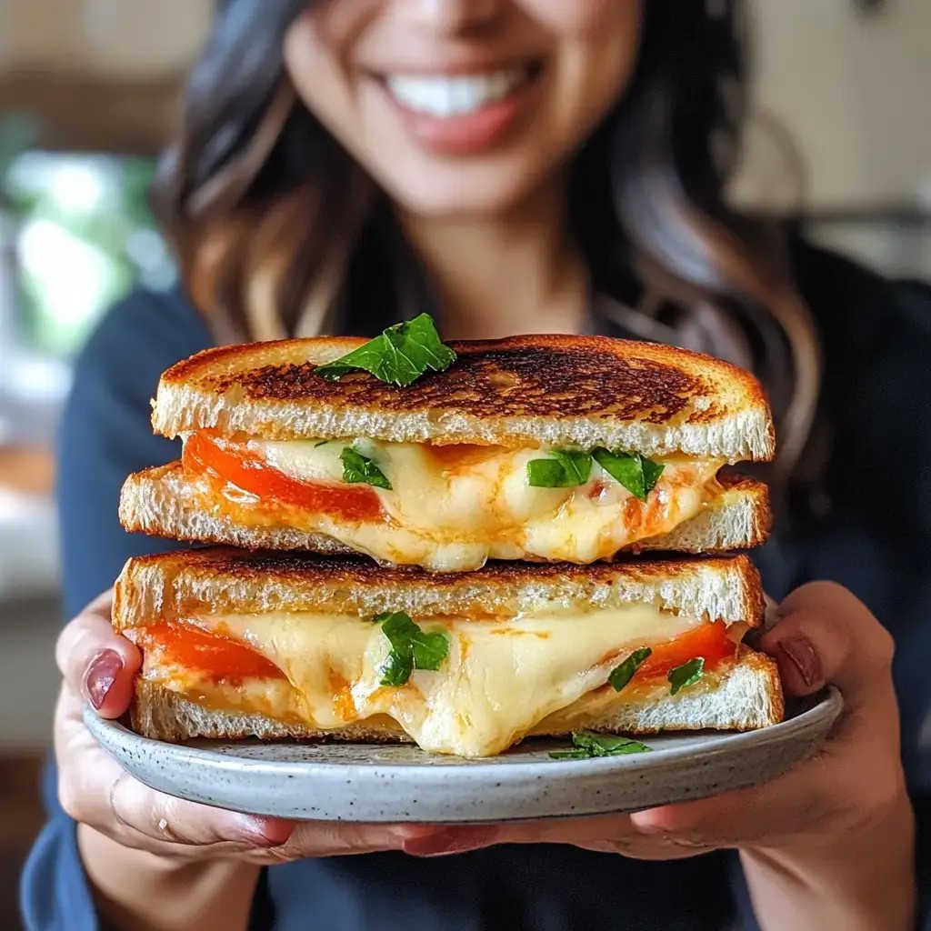 A perfectly golden grilled cheese sandwich with gooey melted cheese oozing out, served on a wooden plate with a side of tomato soup.