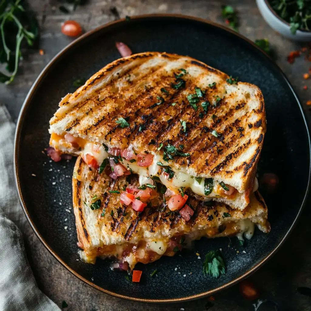 A close-up of a golden-brown grilled cheese sandwich with gooey melted cheese spilling out, served on a wooden plate.