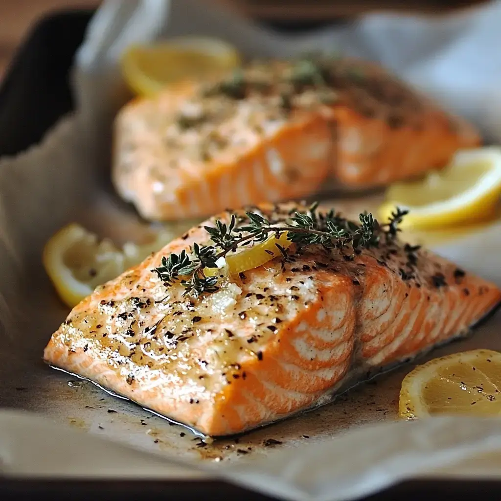 Baked salmon fillet garnished with lemon slices and fresh thyme on a white plate.