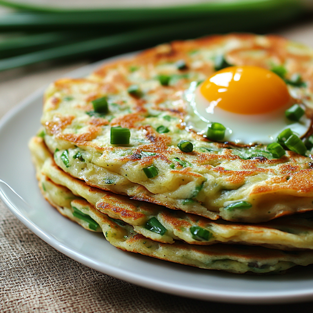 Freshly cooked scallion pancake layered with scrambled eggs and garnished with sesame seeds.