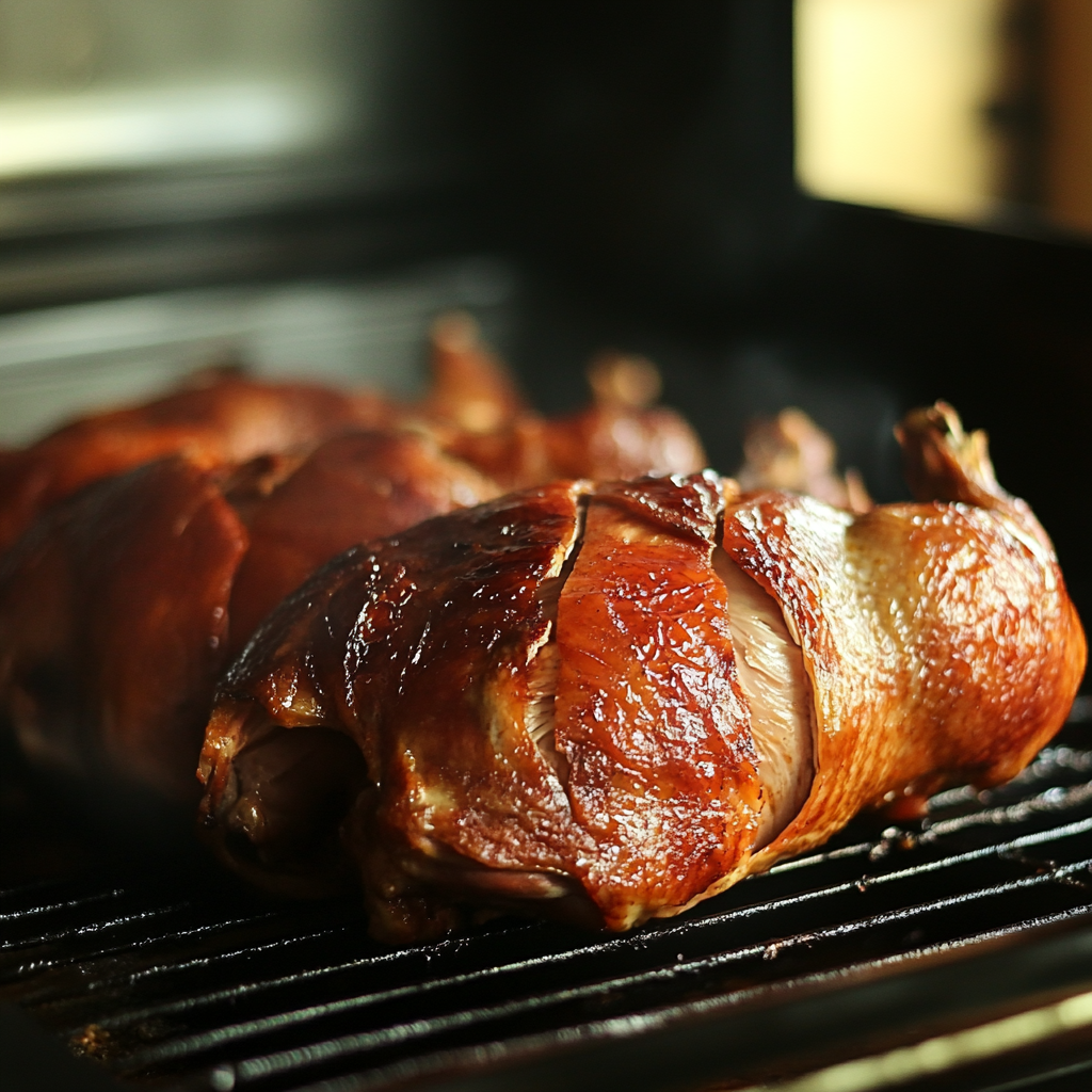 Chicken pieces smoking on a grill with mesquite wood chips creating rich smoke.