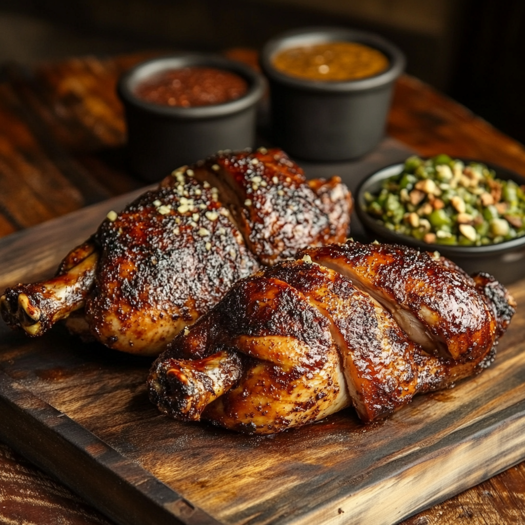 Texas-style smoked chicken served with coleslaw, cornbread, and pickles on a rustic wooden plate.