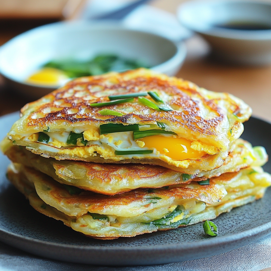 Close-up of crispy scallion pancakes topped with a fried egg and garnished with scallions.