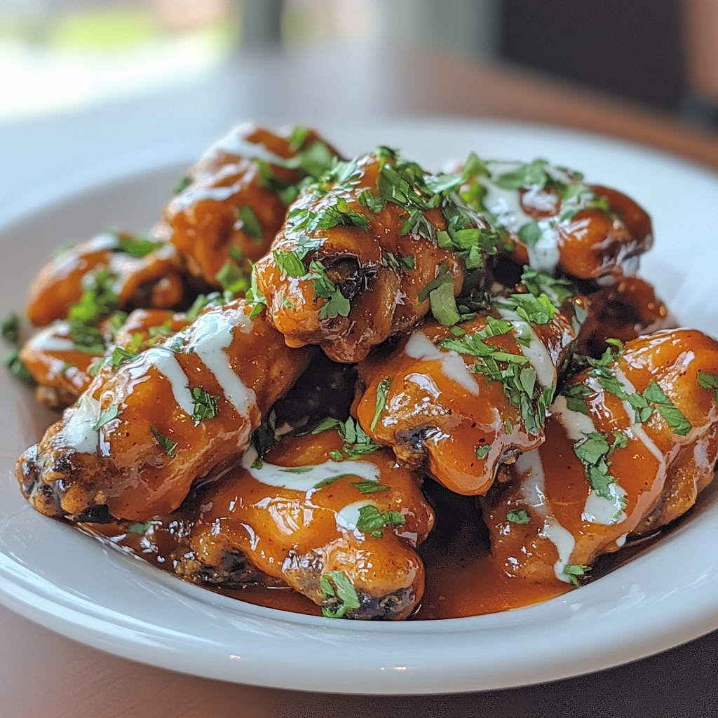Flat lay of crispy Buffalo wings with a variety of dipping sauces and fresh vegetables.