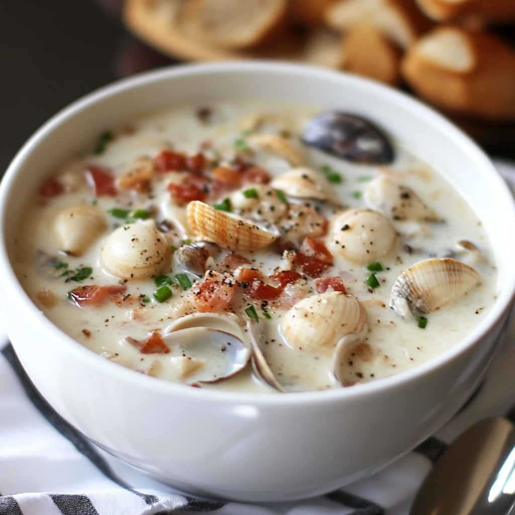 Bowl of creamy New England clam chowder garnished with crispy bacon and parsley.